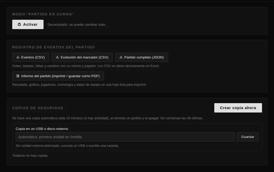 Pantalla de copias y registro con exportación de eventos en CSV y informe del partido