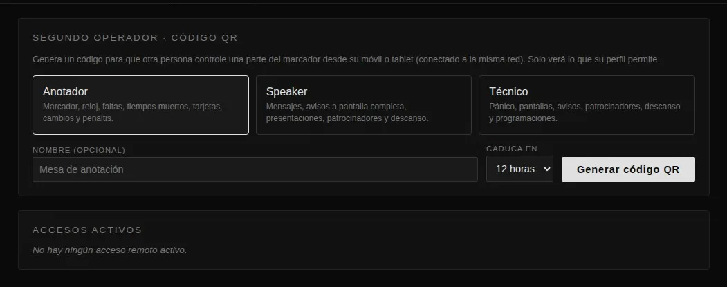 Pantalla de control remoto con los tres roles y botón para generar el código QR