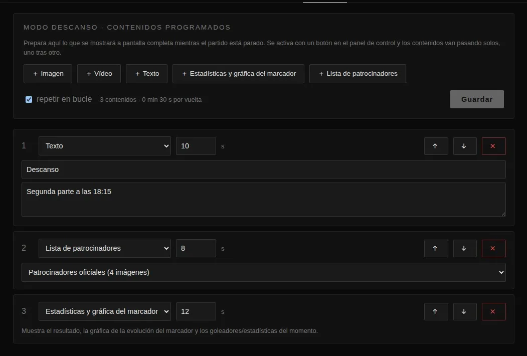 Editor del modo descanso con la lista de contenidos programados