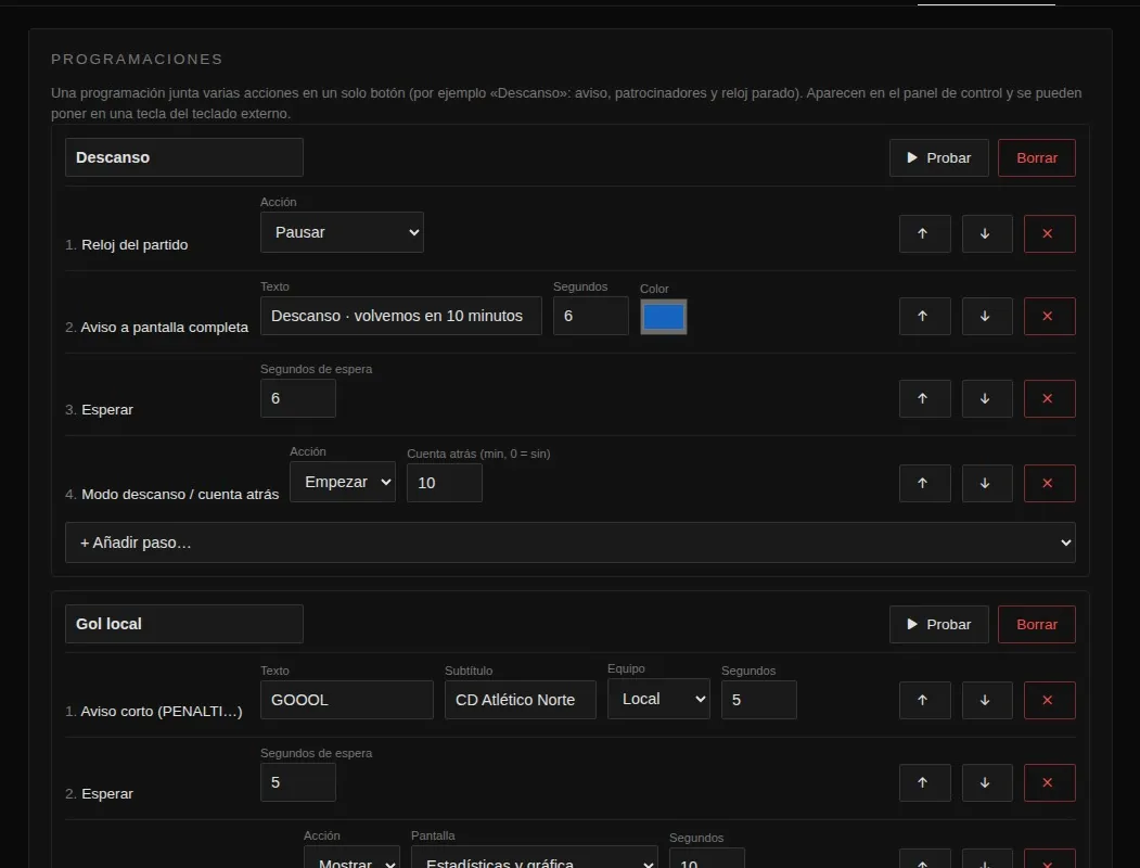 Editor de programaciones con pasos como reloj, aviso a pantalla completa, esperar y modo descanso