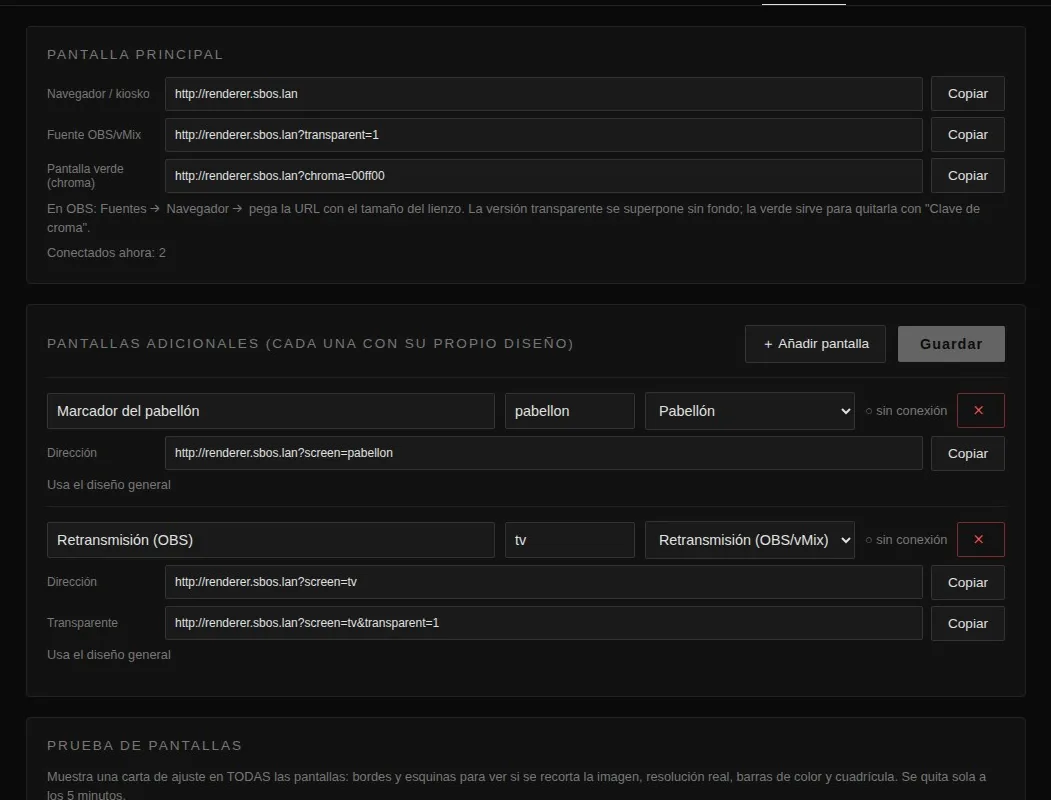 Pantallas: direcciones de la pantalla principal, OBS transparente y croma, y pantallas adicionales con estado de conexión