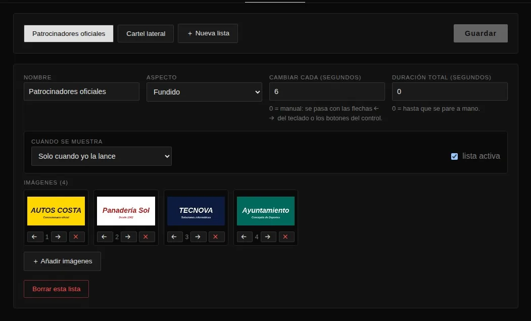 Configuración de la lista de patrocinadores: modo, intervalo y momento de aparición