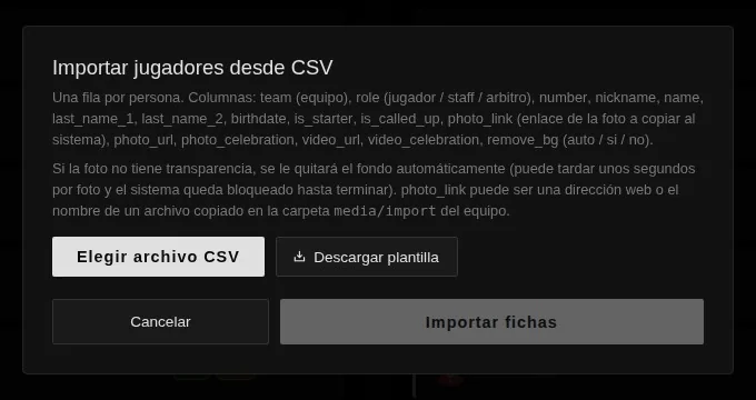 Ventana de importación de jugadores desde un archivo CSV