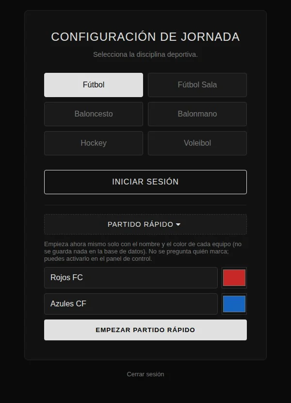 Pantalla de acceso con el apartado Partido rápido desplegado: nombre y color de dos equipos y botón para empezar