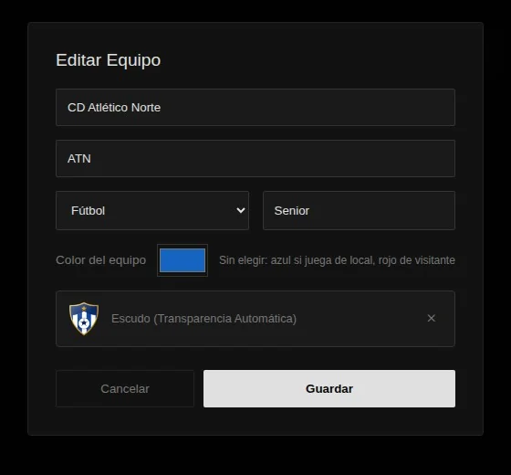 Ficha de equipo con nombre, abreviatura, color y escudo