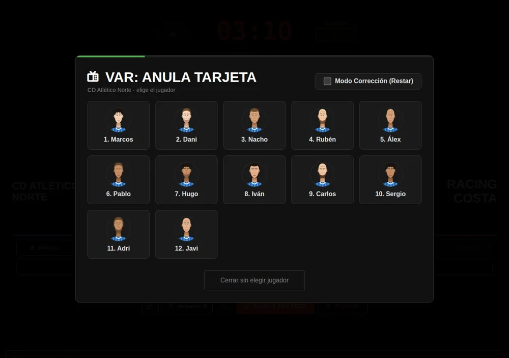 Lista de jugadores con foto para elegir al afectado por una tarjeta