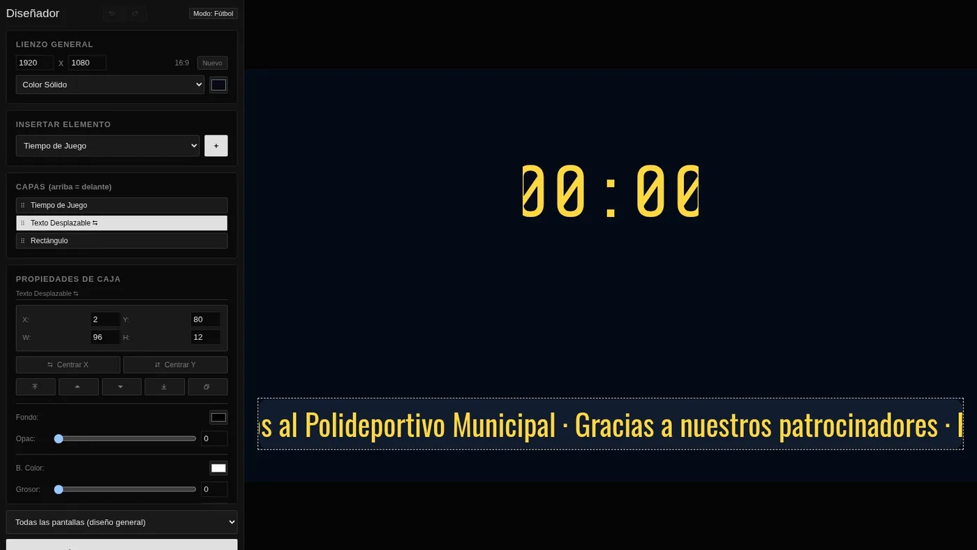 Diseñador con una caja de texto desplazable seleccionada y sus propiedades