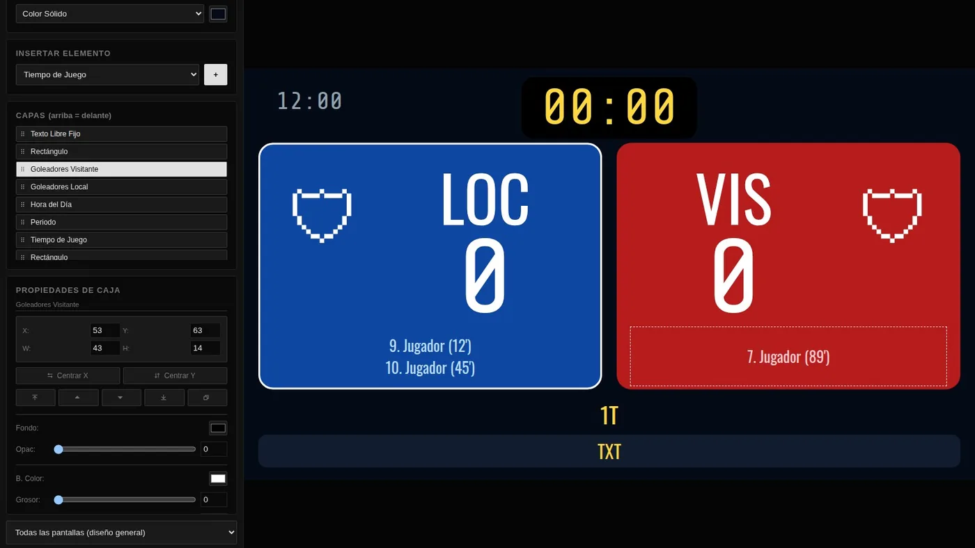 Diseñador visual: lienzo con marcador en azul y rojo, lista de capas y propiedades de la caja seleccionada